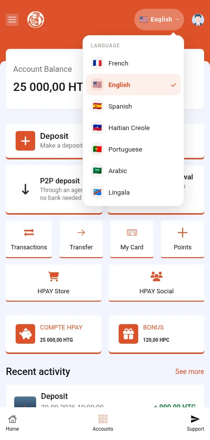 The list is open: tap the language name you want.
