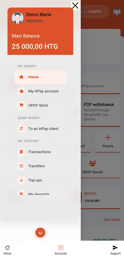 Look for: ⁨« My HPay account »⁩ · ⁨« To an HPay client »⁩. This is the top of the opened menu. Other entries, including sign-out, are further down.
