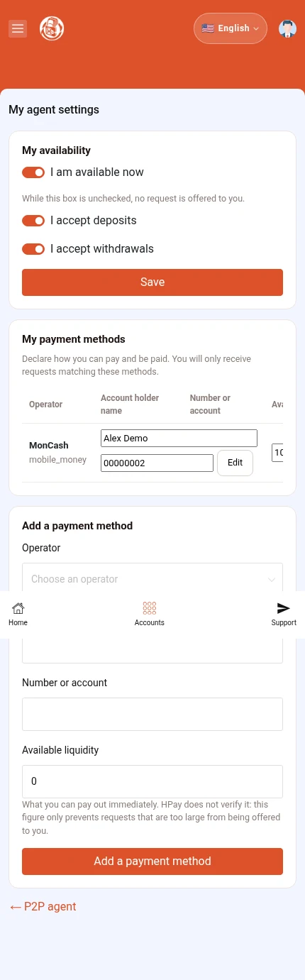Look for: ⁨« Save »⁩ · ⁨« Add a payment method »⁩. Availability is set at the top; payment methods are configured in the following sections.