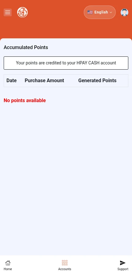 Look for: ⁨« Date »⁩ · ⁨« Purchase Amount »⁩ · ⁨« Generated Points »⁩. The demo account has no entries in this list.