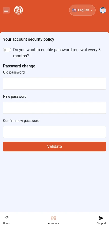 Look for: ⁨« Do you want to enable password renewal every 3 months? »⁩ · ⁨« Old password »⁩ · ⁨« New password »⁩ · ⁨« Validate »⁩. The form is empty: enter the details of your own account.