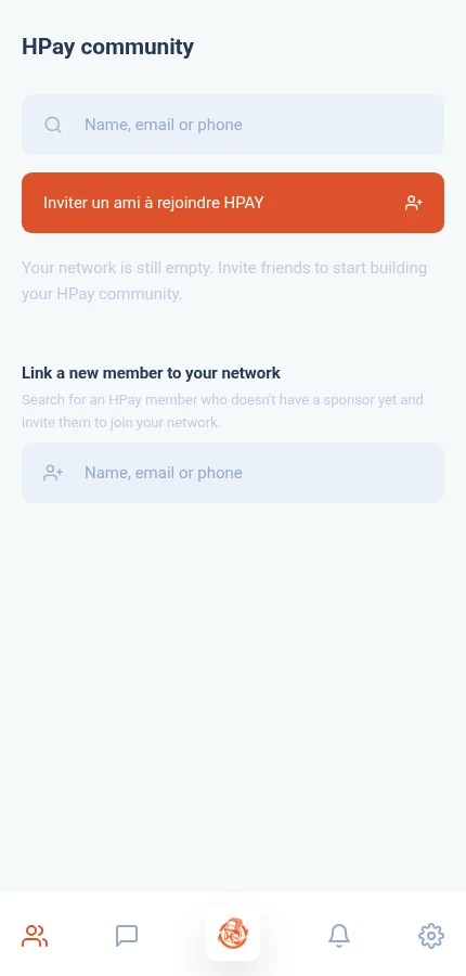 Look for: ⁨« Inviter un ami à rejoindre HPAY »⁩. The network is empty. The bottom speech bubble opens conversations; the invite button is above.