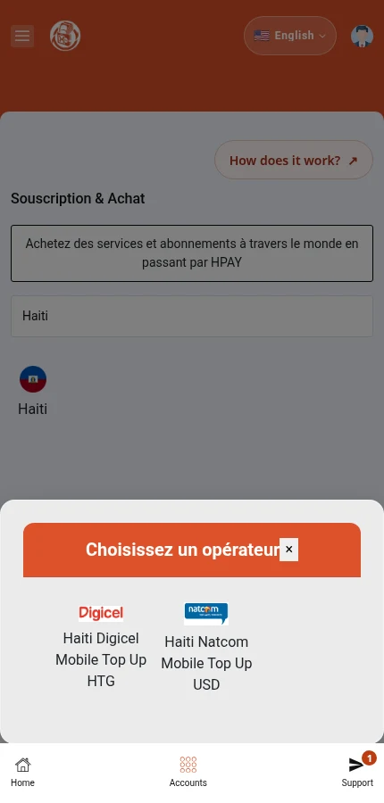 The live catalogue shows the operators available for Haiti. The illustrated flow continues with Haiti Digicel.