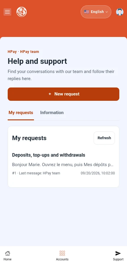 Look for: ⁨« My requests »⁩ · ⁨« New request »⁩. The list contains a demo request. Tap a request to open its conversation.