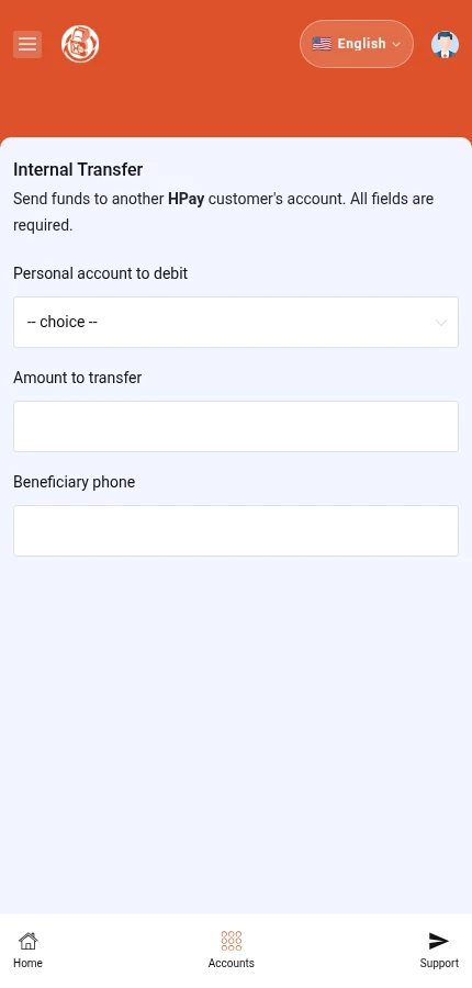 Look for: ⁨« Personal account to debit »⁩ · ⁨« Amount to transfer »⁩ · ⁨« Beneficiary phone »⁩. The form is empty: enter the details of your own account.