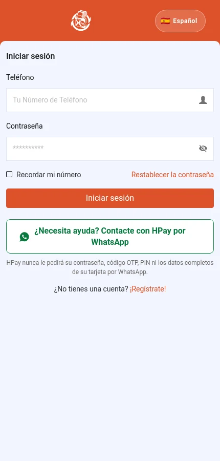 Identifique: ⁨« Teléfono »⁩ · ⁨« Contraseña »⁩ · ⁨« Iniciar sesión »⁩ · ⁨« ¡Regístrate! »⁩. El formulario está vacío: introduzca los datos de su propia cuenta.