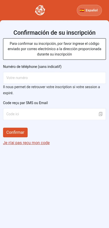 Identifique: ⁨« Numéro de téléphone (sans indicatif) »⁩ · ⁨« Code reçu par SMS ou Email »⁩ · ⁨« Confirmar »⁩. El formulario está vacío: introduzca los datos de su propia cuenta.