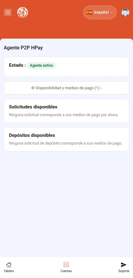 Identifique: ⁨« Disponibilidad y medios de pago »⁩. El agente está activo, pero no hay solicitudes disponibles en este ejemplo.