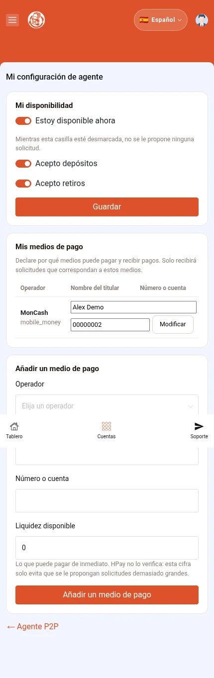 Identifique: ⁨« Guardar »⁩ · ⁨« Añadir un medio de pago »⁩. La disponibilidad se configura arriba; los métodos de pago, en los bloques siguientes.