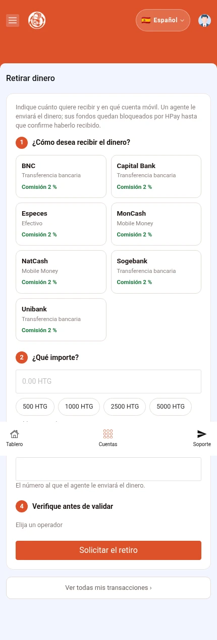 Identifique: ⁨« Solicitar el retiro »⁩. Todavía no se ha elegido método ni importe. El resumen dependerá de sus datos.