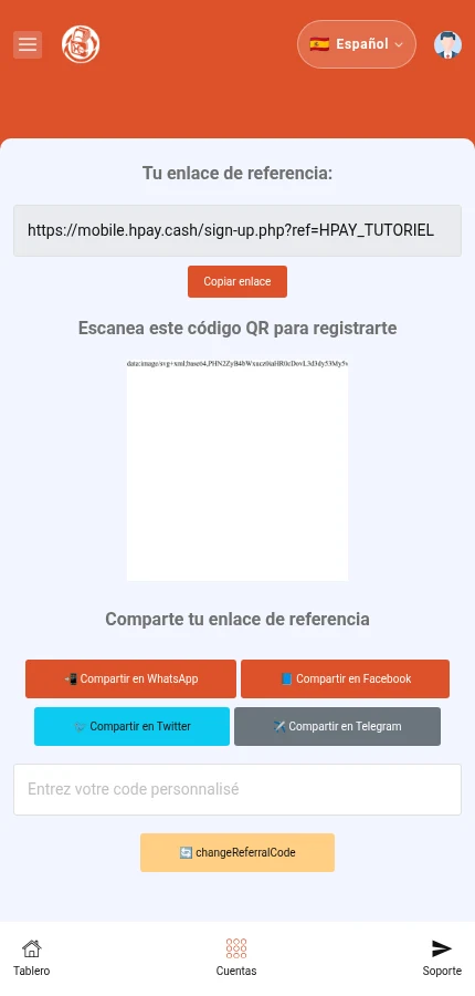 Identifique: ⁨« Tu enlace de referencia »⁩ · ⁨« Copiar enlace »⁩. El enlace y QR pertenecen al personaje ficticio. Copie su propio enlace desde su cuenta.