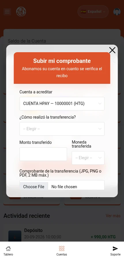 Identifique: ⁨« Cuenta a acreditar »⁩ · ⁨« ¿Cómo realizó la transferencia? »⁩. Desplace esta ventana. La referencia de transacción y el botón de envío están debajo de la parte fotografiada.