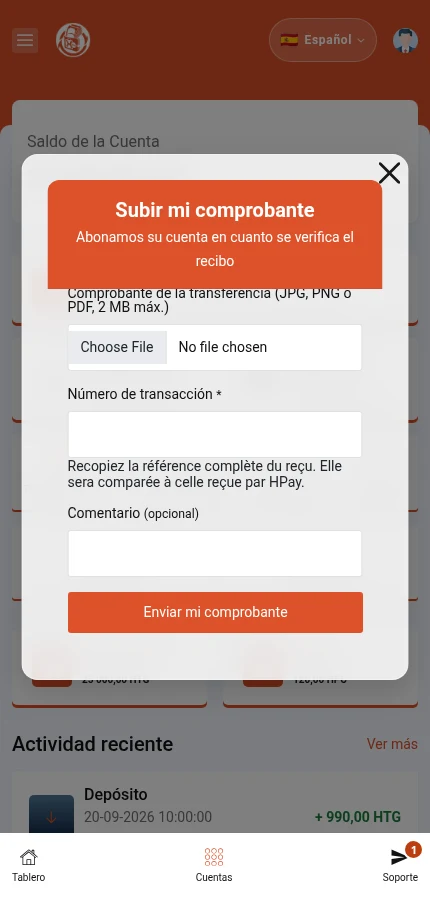 La parte inferior del formulario muestra la referencia de la transacción, el comentario y ⁨« Enviar mi comprobante »⁩. Adjunta tu propio comprobante y completa los campos obligatorios antes de enviarlo.