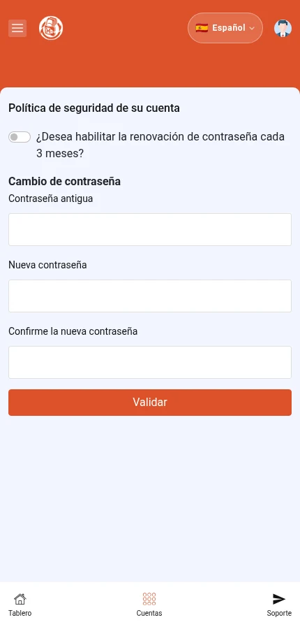 Identifique: ⁨« ¿Desea habilitar la renovación de contraseña cada 3 meses? »⁩ · ⁨« Contraseña antigua »⁩ · ⁨« Nueva contraseña »⁩ · ⁨« Validar »⁩. El formulario está vacío: introduzca los datos de su propia cuenta.