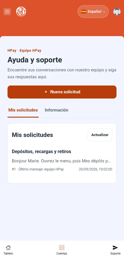 Identifique: ⁨« Mis solicitudes »⁩ · ⁨« Nueva solicitud »⁩. La lista contiene una solicitud de ejemplo. Púlsela para abrir la conversación.