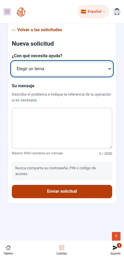 Al desplazarte hacia abajo, ⁨« Enviar solicitud »⁩ aparece debajo del mensaje. No se envía ninguna solicitud en esta captura.