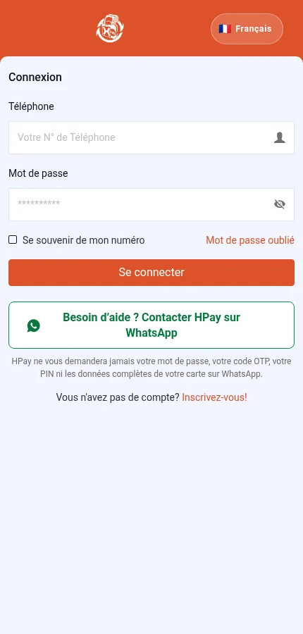 À repérer : ⁨« Téléphone »⁩ · ⁨« Mot de passe »⁩ · ⁨« Se connecter »⁩ · ⁨« Inscrivez-vous! »⁩. Le formulaire est vide : les valeurs devront être celles de votre compte.