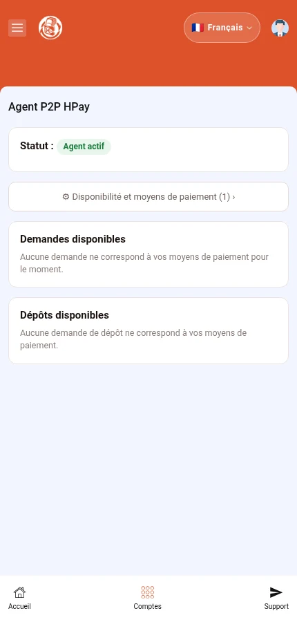 À repérer : ⁨« Disponibilité et moyens de paiement »⁩. L’agent est actif, mais aucune demande n’est disponible dans cet exemple.