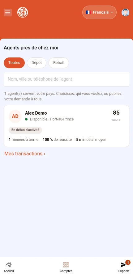 À repérer : ⁨« Agents près de chez moi »⁩. La recherche est au-dessus de la carte de l’agent fictif. Touchez sa carte pour ouvrir sa fiche.