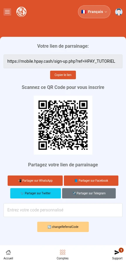 À repérer : ⁨« Votre lien de parrainage »⁩ · ⁨« Copier le lien »⁩. Le lien et le QR appartiennent au personnage de démonstration. Dans votre compte, copiez votre propre lien.