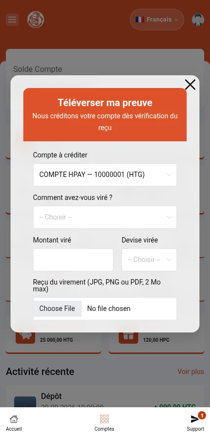 À repérer : ⁨« Compte à créditer »⁩ · ⁨« Comment avez-vous viré ? »⁩. La fenêtre est défilante. La référence de transaction et le bouton d’envoi sont plus bas que la partie photographiée.
