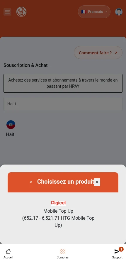 Cette fenêtre présente les produits réellement renvoyés pour Haiti Digicel lors de la capture. Touchez une offre pour ouvrir son formulaire.
