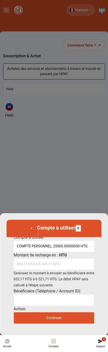Le formulaire réel est ouvert sur un compte de démonstration. Le montant et le bénéficiaire ne sont pas renseignés. La capture s’arrête avant ⁨« Continuer »⁩, qui lance une simulation auprès du prestataire.