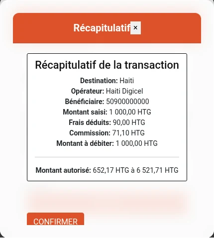 Le numéro fictif de démonstration n’est pas accepté par le prestataire. Cet écran montre le calcul préliminaire réellement affiché par HPay avant ⁨« CONFIRMER »⁩. Il ne prouve ni l’acceptation du destinataire ni un achat réussi. Aucune confirmation n’a été effectuée ; les montants sont ceux de cet exemple.