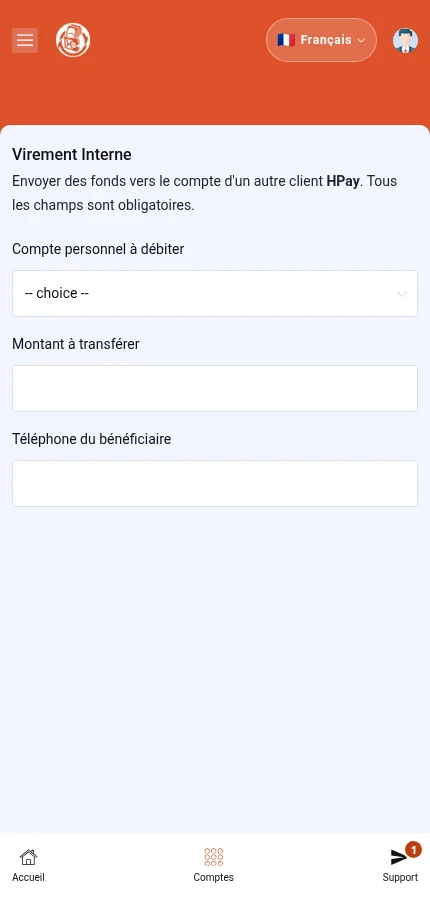 À repérer : ⁨« Compte personnel à débiter »⁩ · ⁨« Montant à transférer »⁩ · ⁨« Téléphone du bénéficiaire »⁩. Le formulaire est vide : les valeurs devront être celles de votre compte.