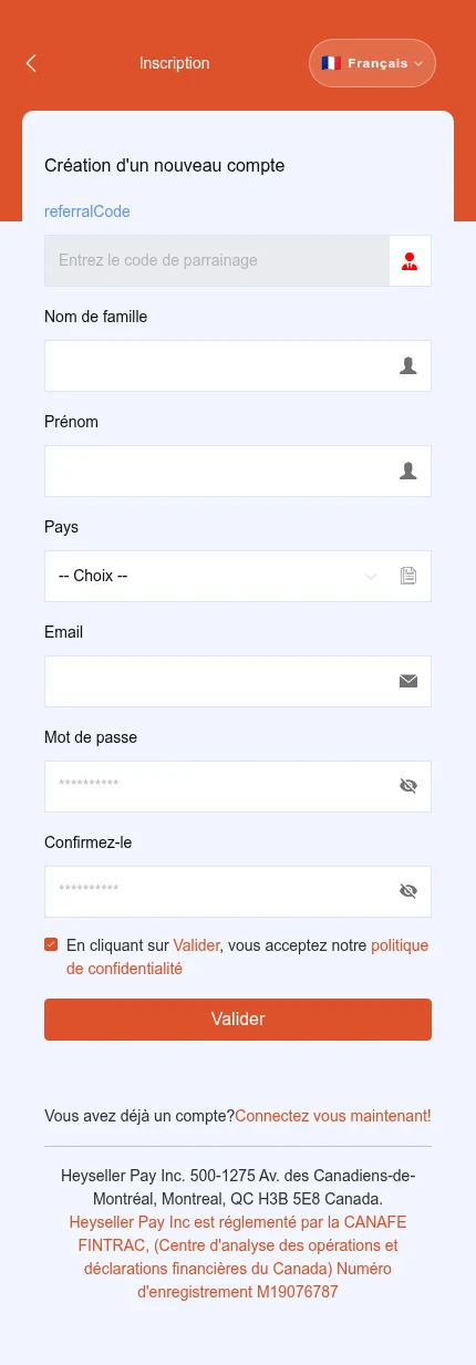 Sa pou w repere: ⁨« Non fanmi »⁩ · ⁨« Prenon »⁩ · ⁨« Peyi »⁩ · ⁨« Valide »⁩. Poko gen peyi chwazi. Lòt chan ka parèt apre chwa peyi a.