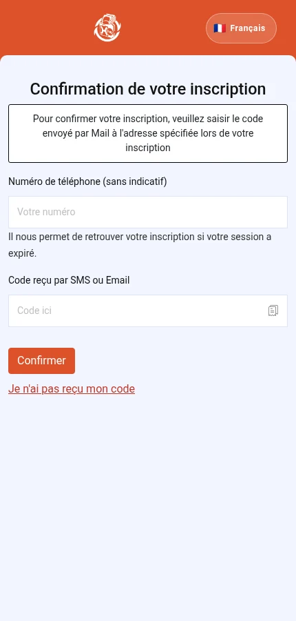 Sa pou w repere: ⁨« Numéro de téléphone (sans indicatif) »⁩ · ⁨« Code reçu par SMS ou Email »⁩ · ⁨« Konfime »⁩. Fòm nan vid: mete enfòmasyon pwòp kont ou.