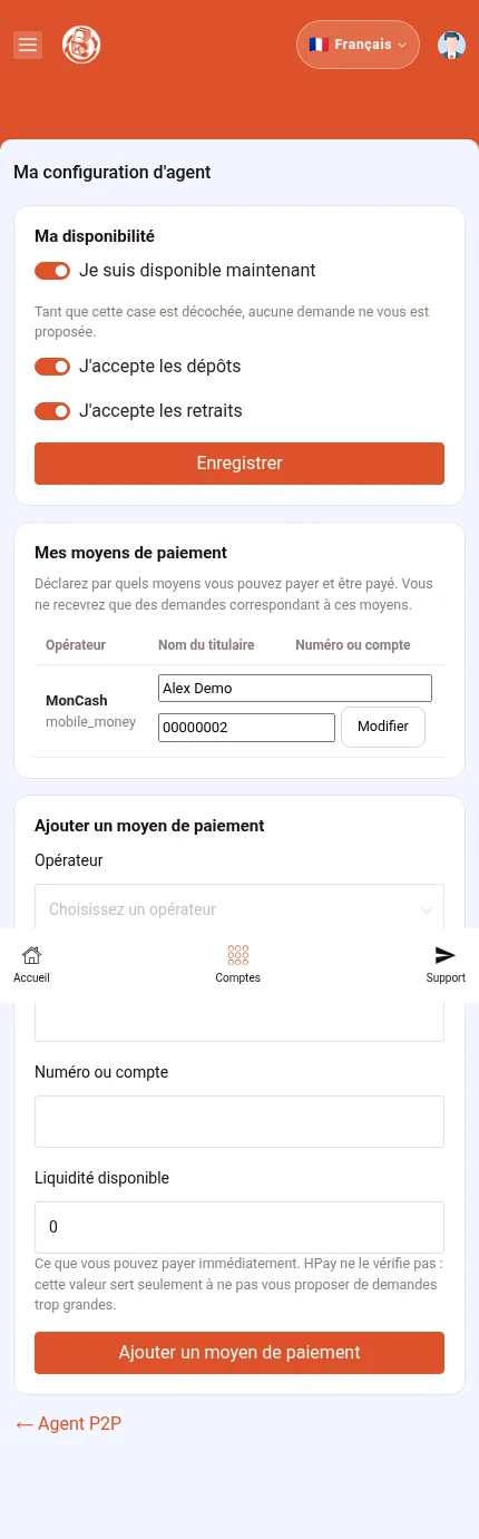 Sa pou w repere: ⁨« Anrejistre »⁩ · ⁨« Ajoute yon mwayen peman »⁩. Disponiblite a anlè; mwayen peman yo nan pati ki vin apre yo.