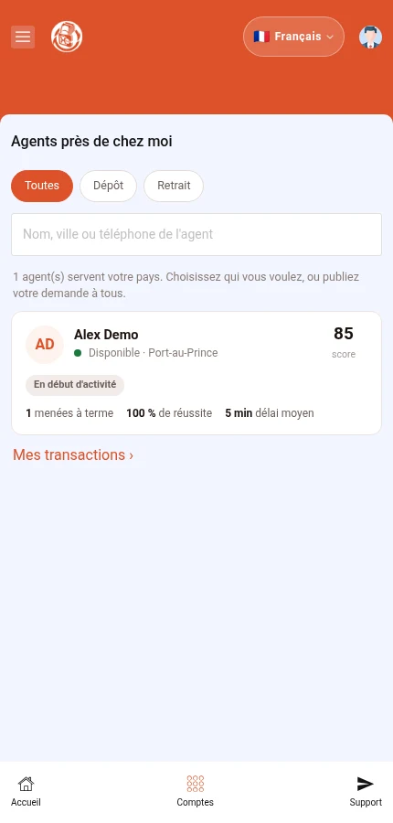 Sa pou w repere: ⁨« Ajan toupre m »⁩. Rechèch la anlè kat ajan fiktif la. Peze kat la pou ouvri fich li.