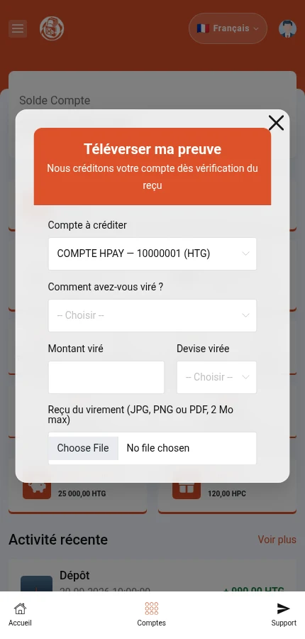 Sa pou w repere: ⁨« Kont pou kredite »⁩ · ⁨« Kijan ou fè virman an? »⁩. Defile andedan fenèt la. Referans tranzaksyon an ak bouton voye a anba pati kaptire a.
