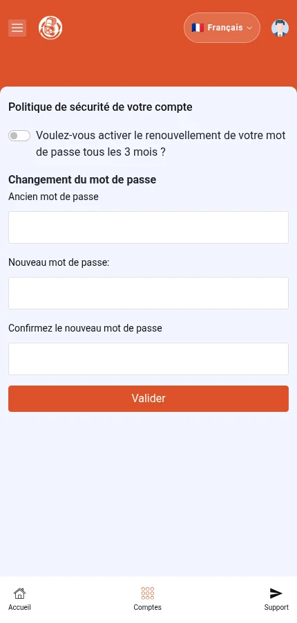 Sa pou w repere: ⁨« Ou vle aktive chanjman modpas otomatik chak 3 mwa? »⁩ · ⁨« Ansyen modpas »⁩ · ⁨« Nouvo modpas: »⁩ · ⁨« Valide »⁩. Fòm nan vid: mete enfòmasyon pwòp kont ou.