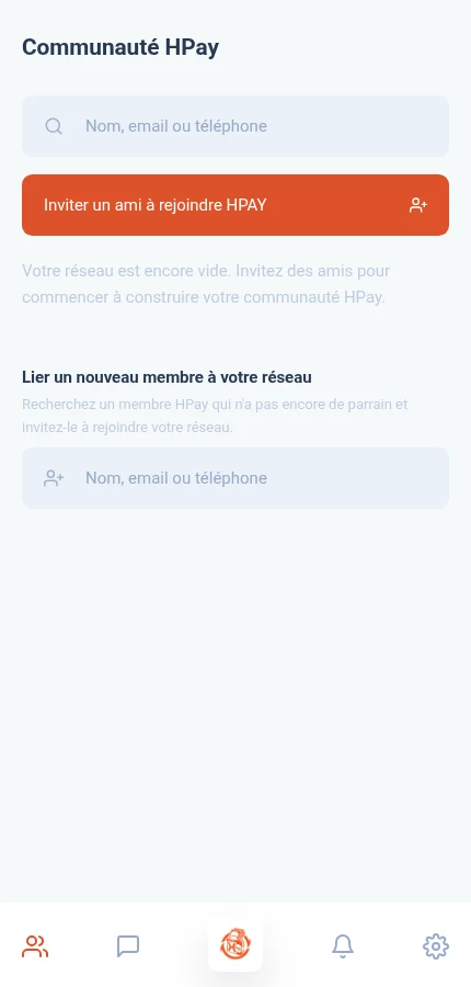 Sa pou w repere: ⁨« Inviter un ami à rejoindre HPAY »⁩. Rezo a vid. Ti bil anba a ouvri konvèsasyon; bouton envitasyon an anlè.