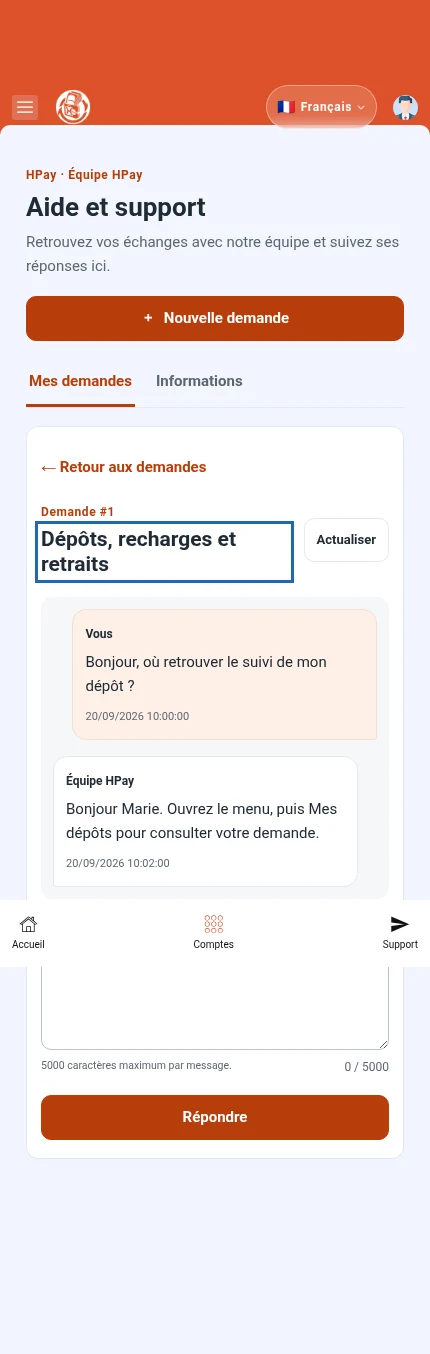 Sa pou w repere: ⁨« Reponn »⁩. Ti bil yo montre mesaj fiktif ak dat yo. Chan repons lan anba yo.