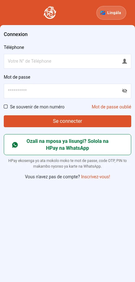 Talá: ⁨« Téléphone »⁩ · ⁨« Mot de passe »⁩ · ⁨« Se connecter »⁩ · ⁨« Inscrivez-vous! »⁩. Fɔrɔmɛlɛ ezali mpamba: tyá makambo ya konti na yo moko.