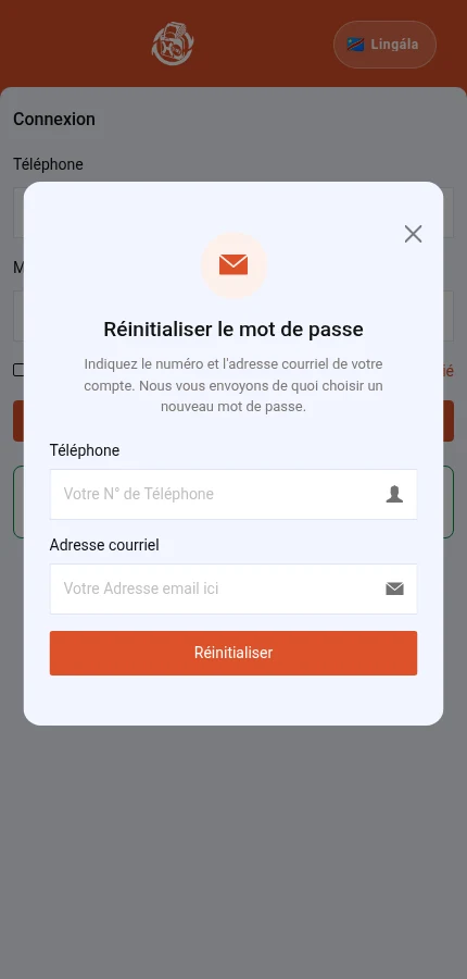 Talá: ⁨« Téléphone »⁩ · ⁨« Adresse courriel »⁩ · ⁨« Réinitialiser »⁩. Fɔrɔmɛlɛ ezali mpamba: tyá makambo ya konti na yo moko.