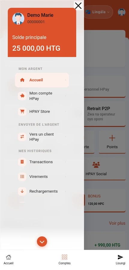 Talá: ⁨« Mon compte HPay »⁩ · ⁨« Vers un client HPay »⁩. Ezali likoló ya menu oyo efungwami. Bisika mosusu, ata kobima, ezali na nse.