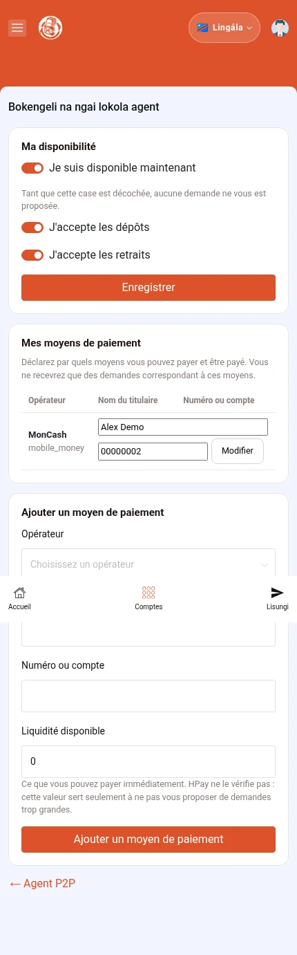 Talá: ⁨« Enregistrer »⁩ · ⁨« Ajouter un moyen de paiement »⁩. Disponibilité ezali na likoló; moyens ya kofuta ezali na biteni oyo elandi.