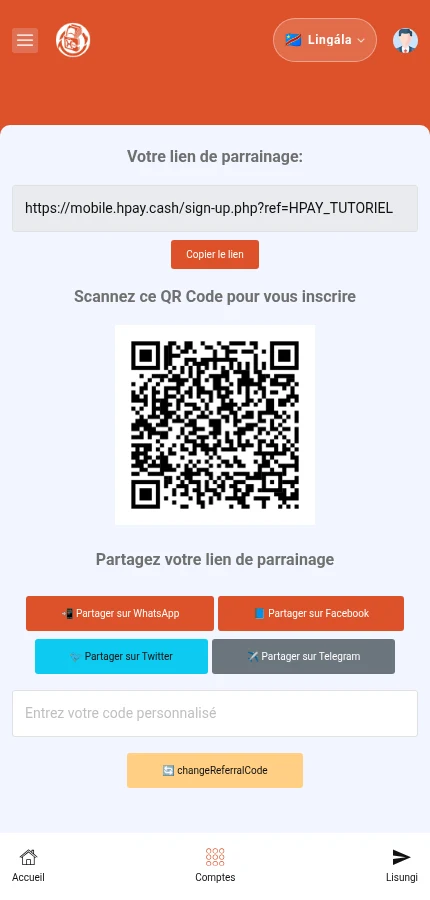 Talá: ⁨« Votre lien de parrainage »⁩ · ⁨« Copier le lien »⁩. Lien mpe QR ezali ya moto ya ndakisa. Kopiá lien na yo moko na konti na yo.