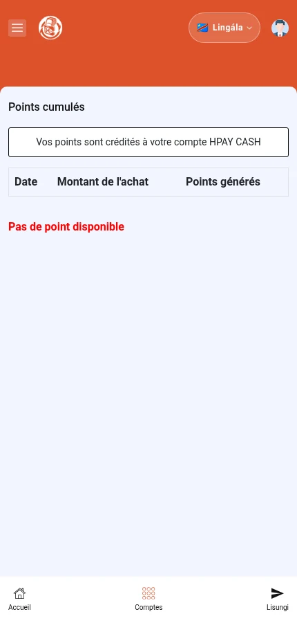 Talá: ⁨« Date »⁩ · ⁨« Montant de l'achat »⁩ · ⁨« Points générés »⁩. Konti ya ndakisa ezali na molɔngɔ moko te na liste oyo.