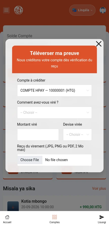 Talá: ⁨« Compte à créditer »⁩ · ⁨« Comment avez-vous viré ? »⁩. Kitisá kati ya fenetre. Référence mpe bouton ya kotinda ezali na nse ya eteni ya elilingi.