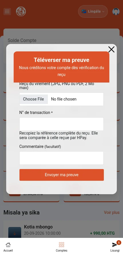 Eteni ya nse ya formulaire elakisi référence ya opération, commentaire mpe ⁨« Envoyer ma preuve »⁩. Tia elembo na yo moko mpe tondisá bisika oyo esengeli liboso ya kotinda.