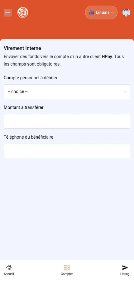 Talá: ⁨« Compte personnel à débiter »⁩ · ⁨« Montant à transférer »⁩ · ⁨« Téléphone du bénéficiaire »⁩. Fɔrɔmɛlɛ ezali mpamba: tyá makambo ya konti na yo moko.