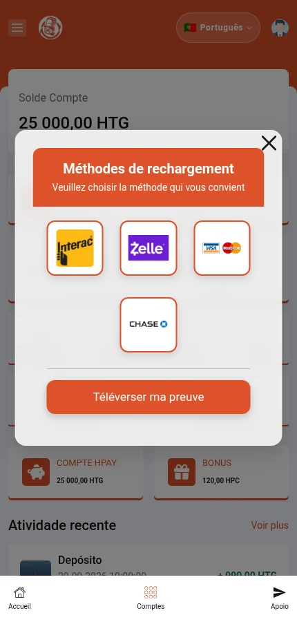 Identifique: ⁨« Méthodes de rechargement »⁩ · ⁨« Téléverser ma preuve »⁩. Toque num logótipo para ver as instruções. Os logótipos não garantem disponibilidade em todos os países.
