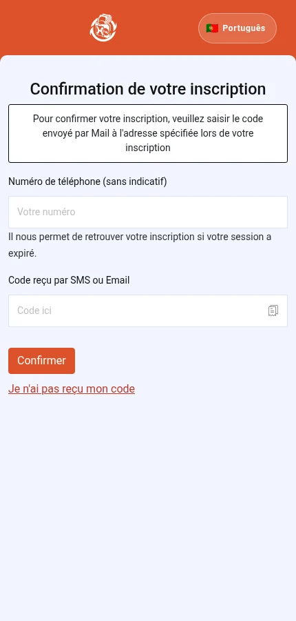 Identifique: ⁨« Numéro de téléphone (sans indicatif) »⁩ · ⁨« Code reçu par SMS ou Email »⁩ · ⁨« Confirmer »⁩. O formulário está vazio: introduza os dados da sua própria conta.