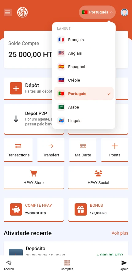 A lista está aberta: toque no nome do idioma desejado.