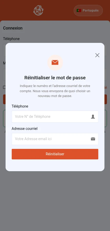 Identifique: ⁨« Téléphone »⁩ · ⁨« Adresse courriel »⁩ · ⁨« Réinitialiser »⁩. O formulário está vazio: introduza os dados da sua própria conta.